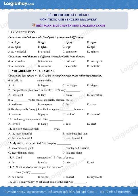 Đề thi học kì 1 Tiếng Anh 6 English Discovery - Đề số 5